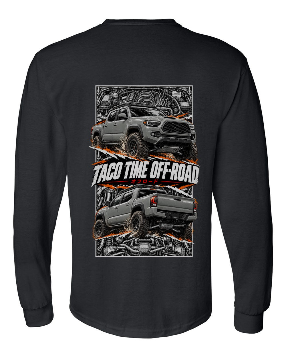 Toyota Tacoma TRD torn poster black long sleeve back view with the design