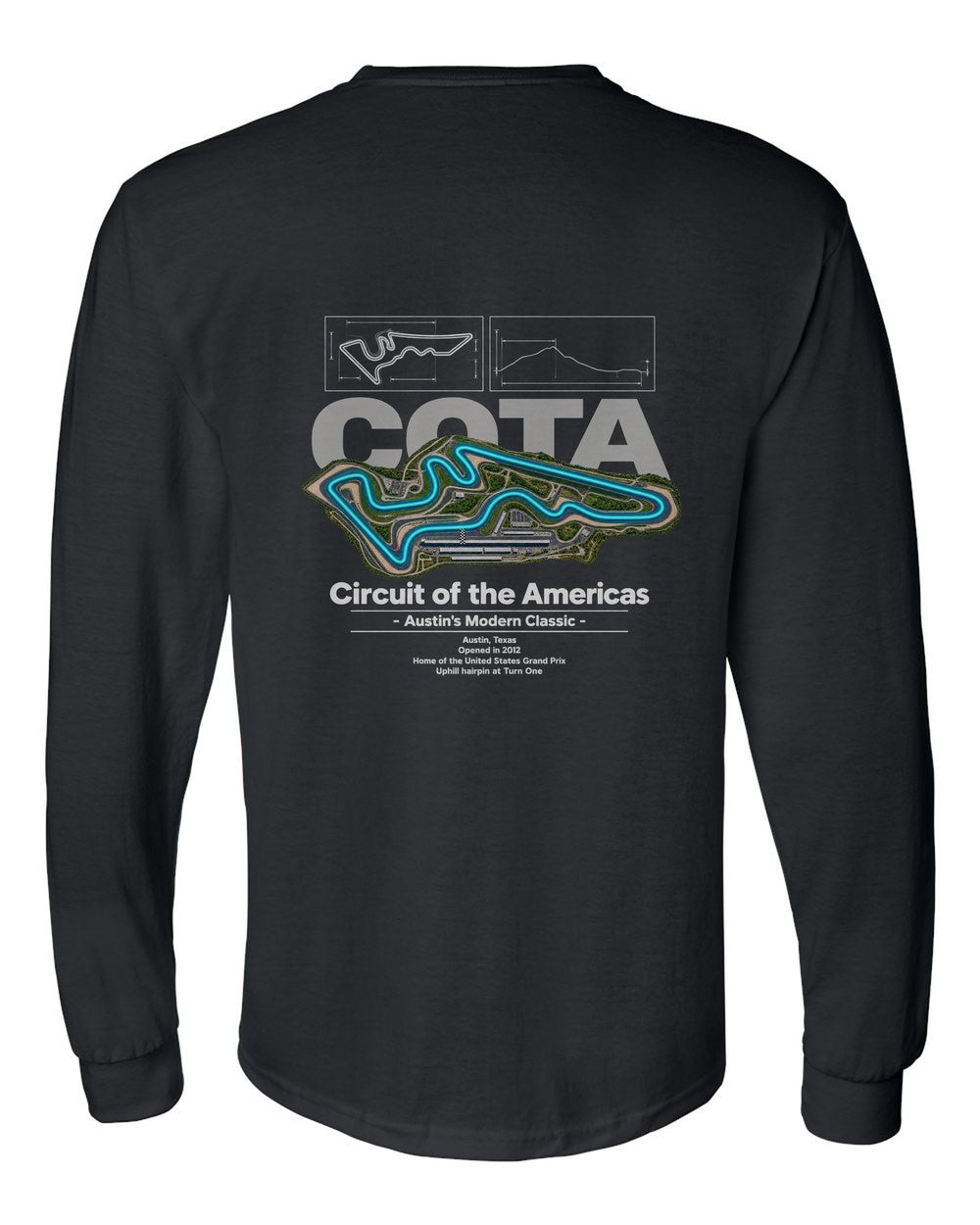 Circuit of the Americas black long sleeve back view with the design