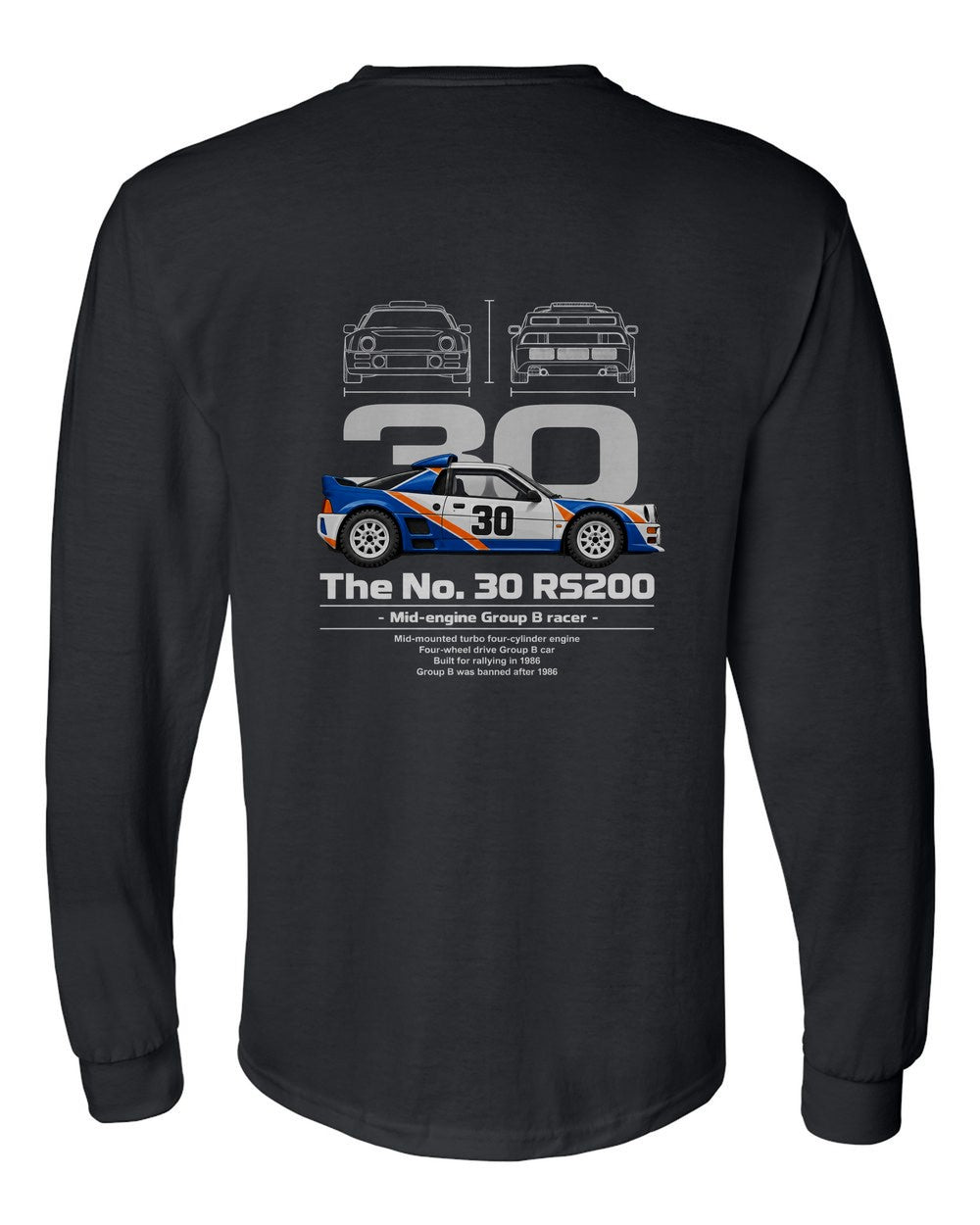 No. 30 RS200 black long sleeve back view with the design