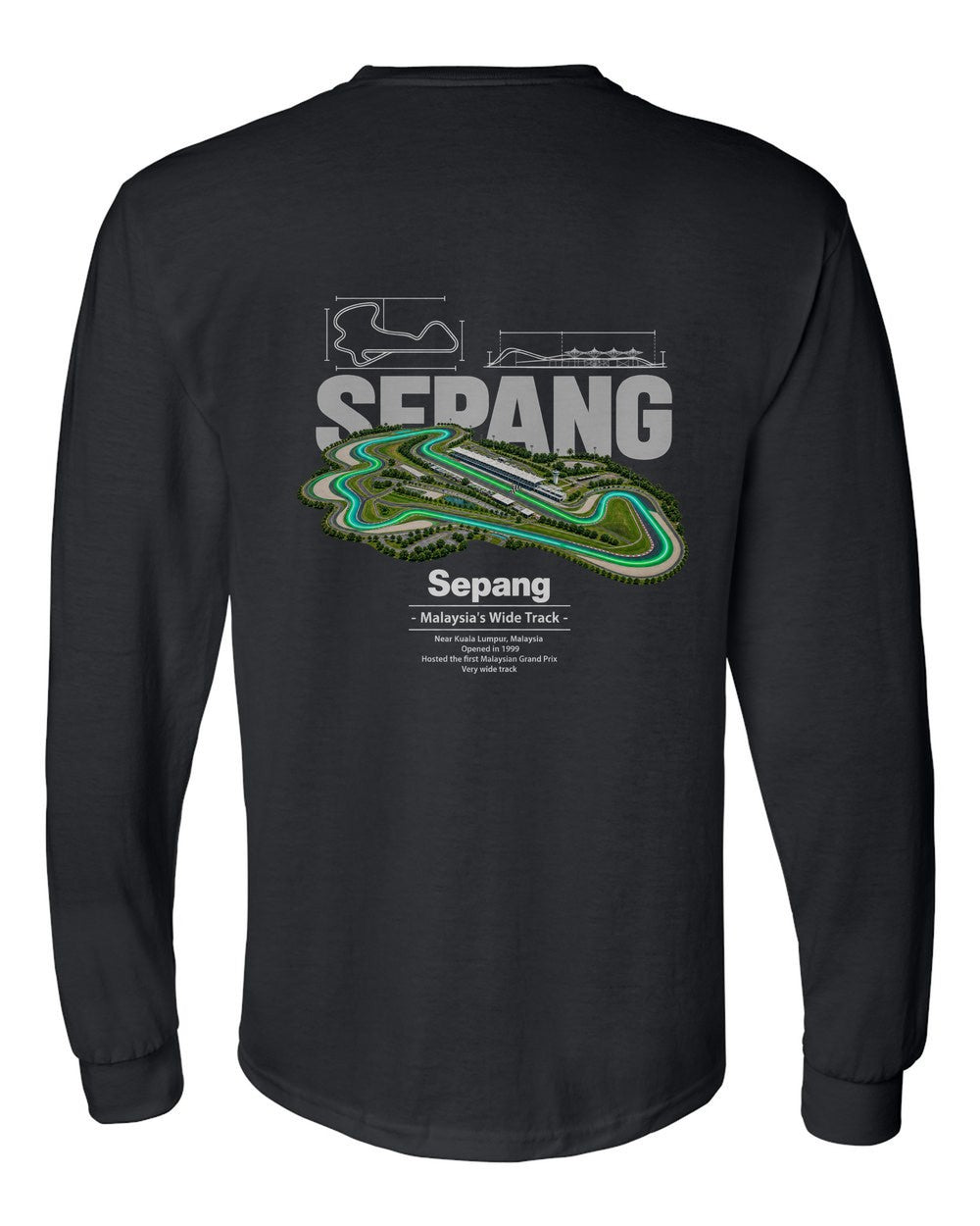 Sepang black long sleeve back view with the design