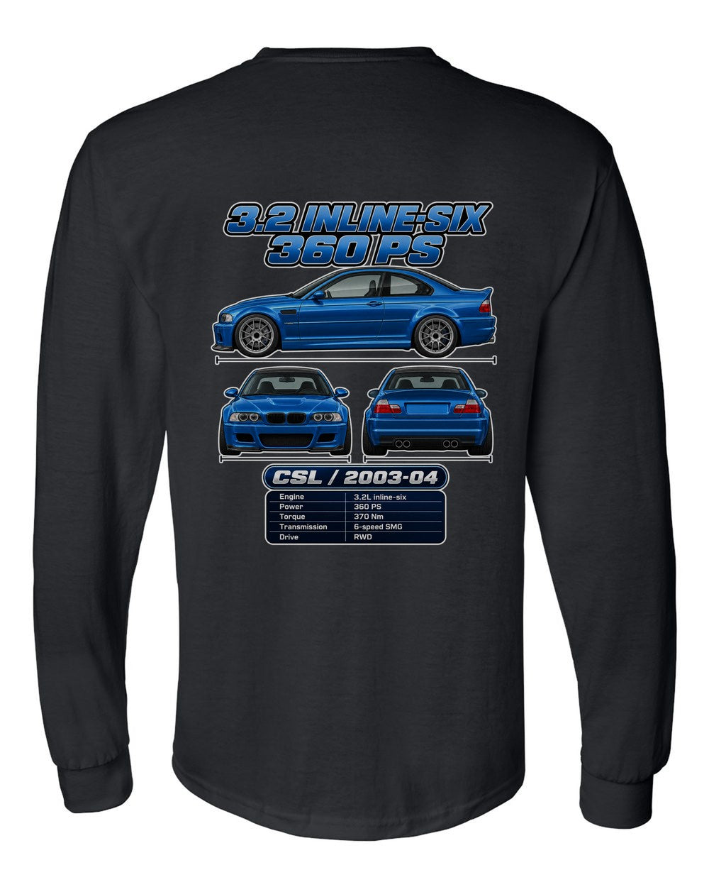 BMW M3 Csl E46 spec sheet black long sleeve back view with the design