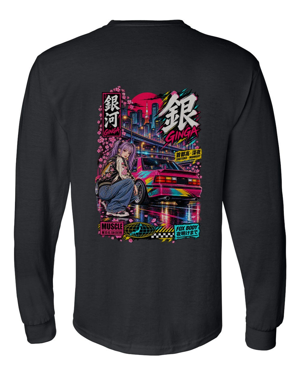 GINGA FOX BODY full-back artwork black long sleeve back view with the design