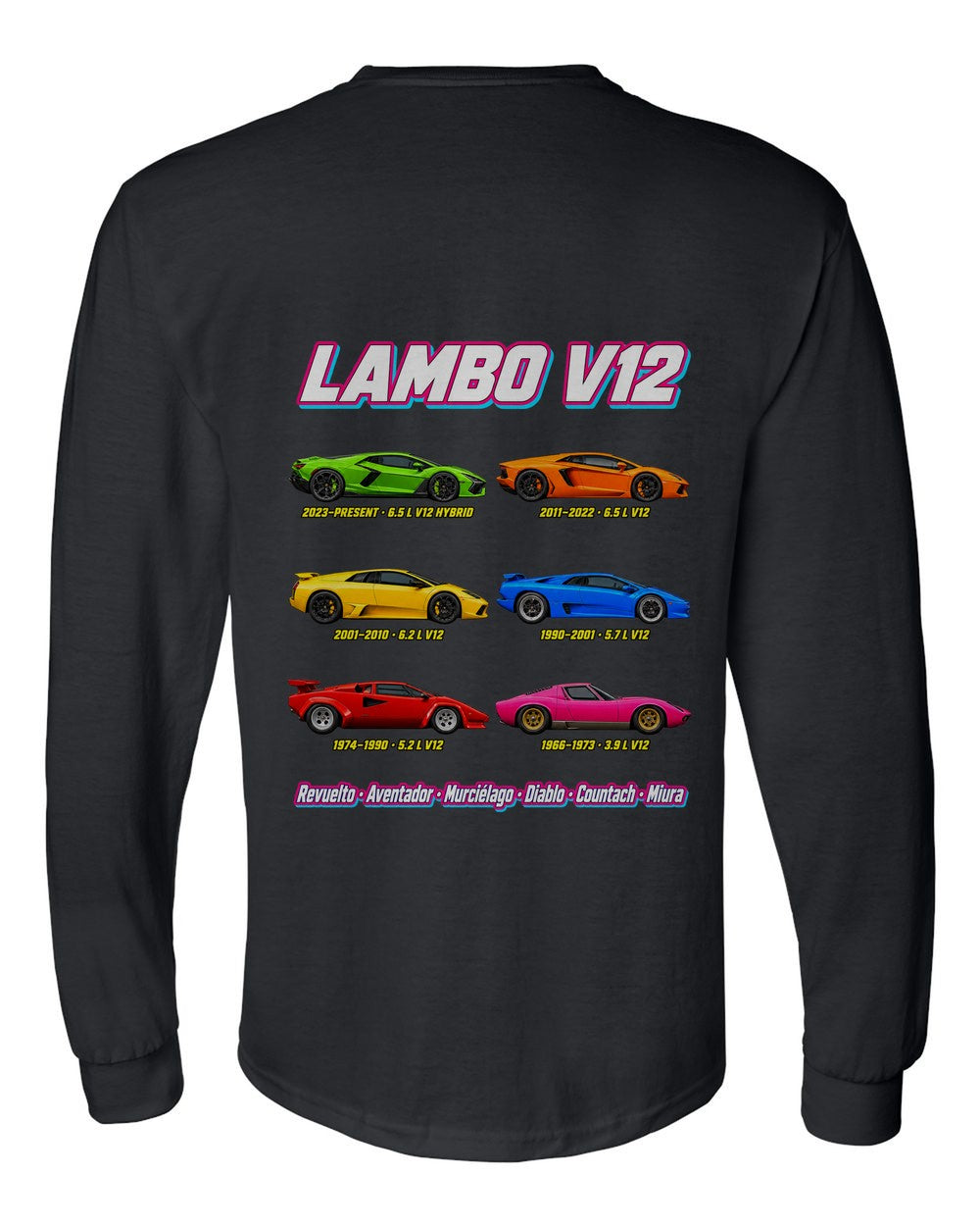 Lamborghini V12 evolution poster black long sleeve back view with the design