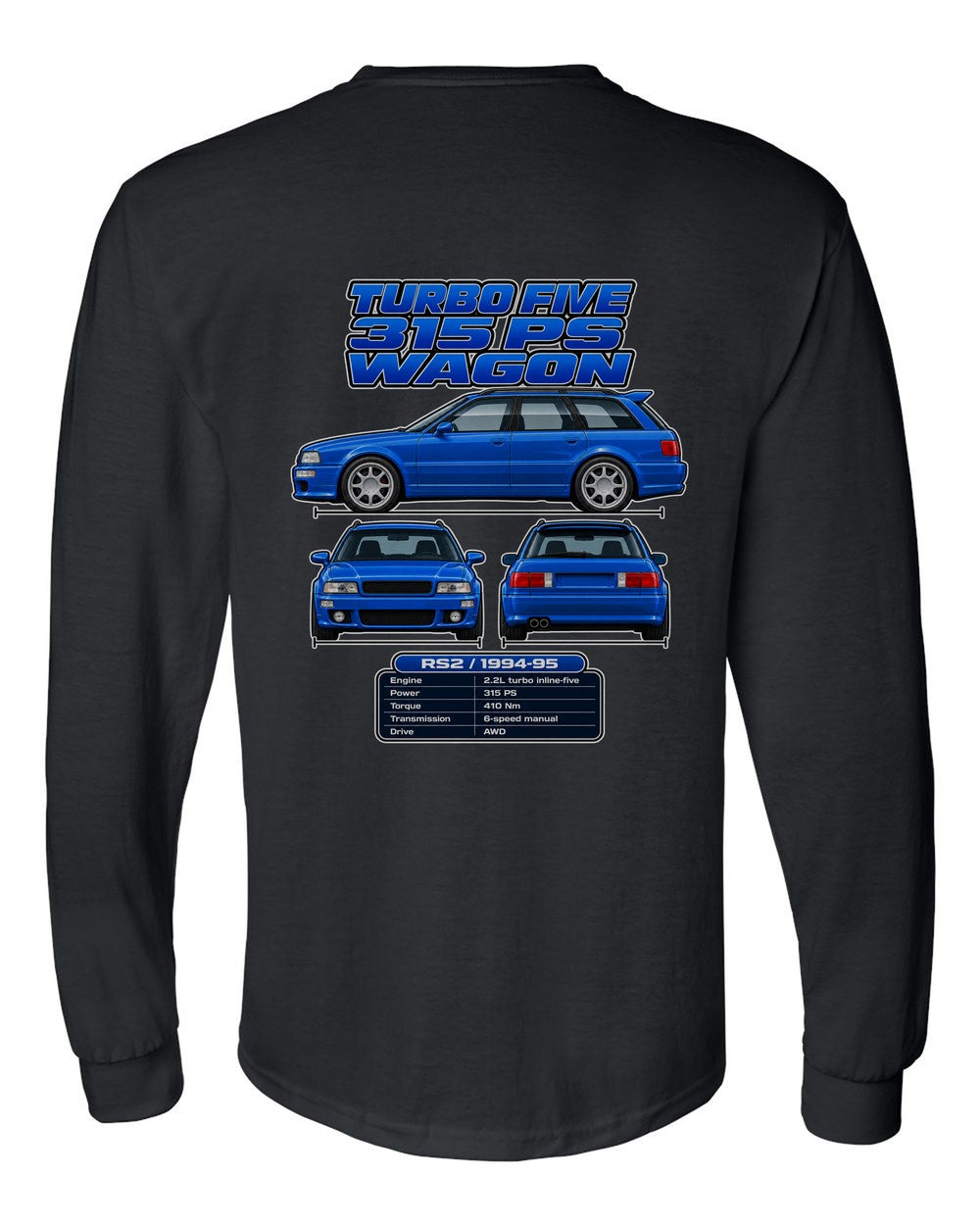 Audi Rs2 Avant spec sheet black long sleeve back view with the design