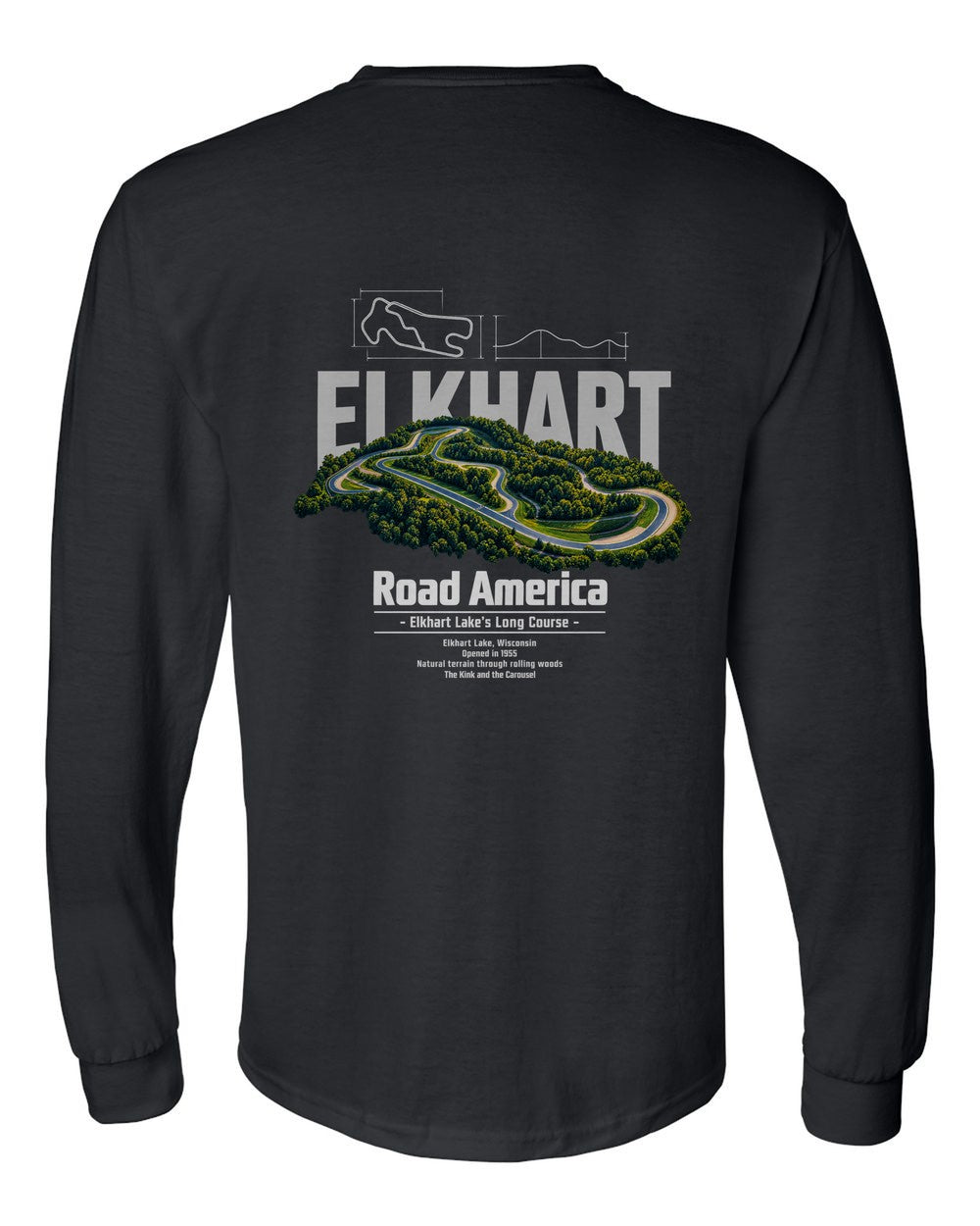 Road America black long sleeve back view with the design