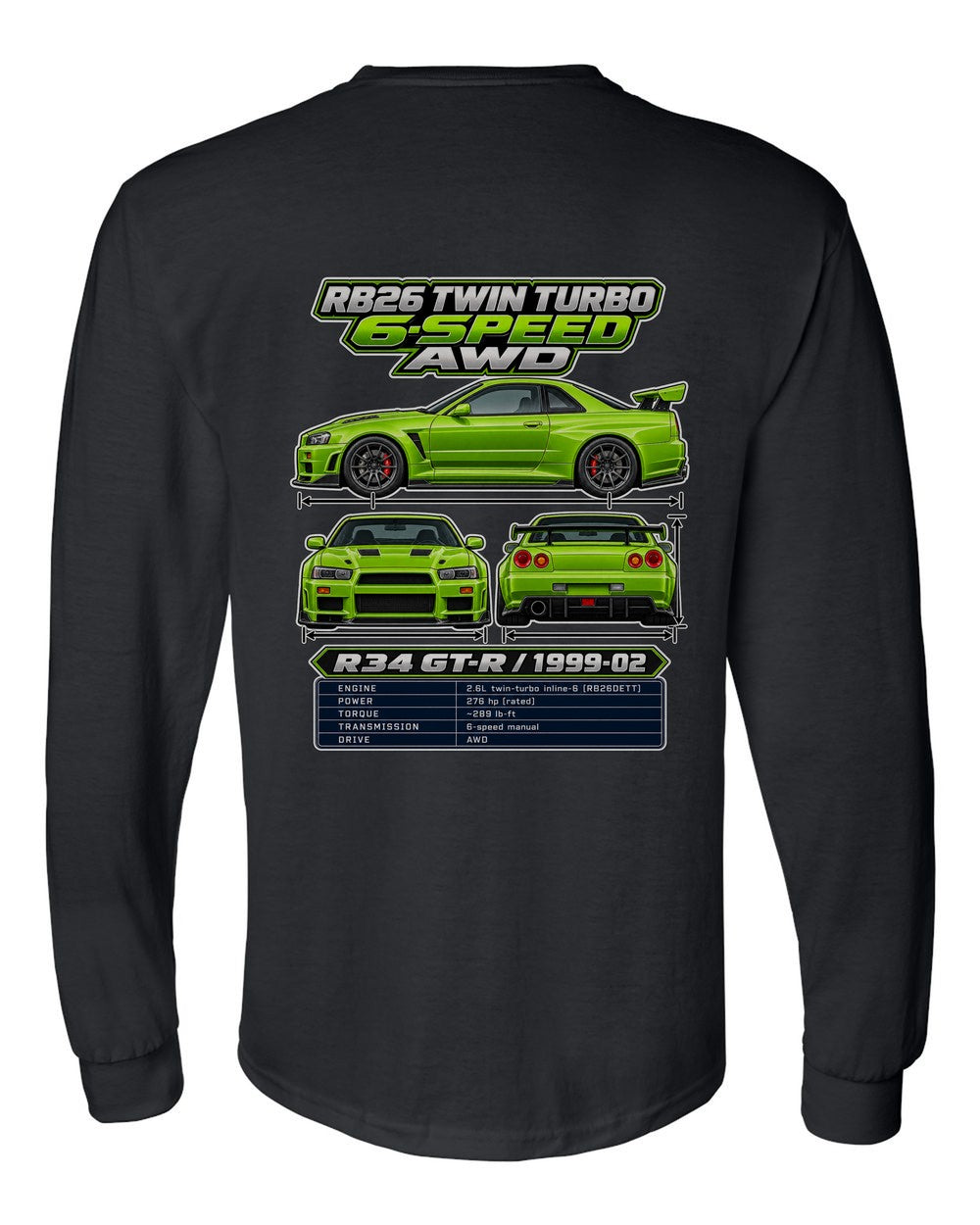 Nissan Skyline Gt R R34 spec sheet black long sleeve back view with the design