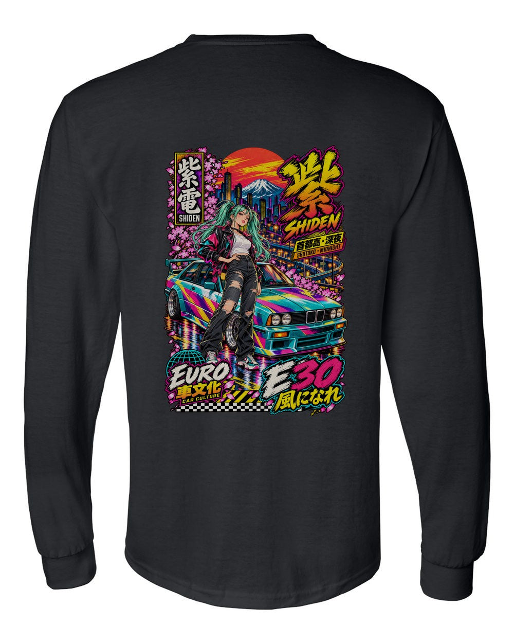 SHIDEN E30 full-back artwork black long sleeve back view with the design
