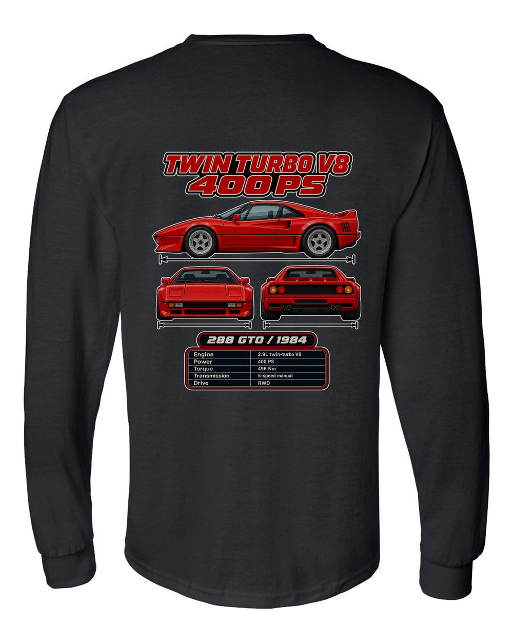 Ferrari 288 Gto spec sheet black long sleeve back view with the design