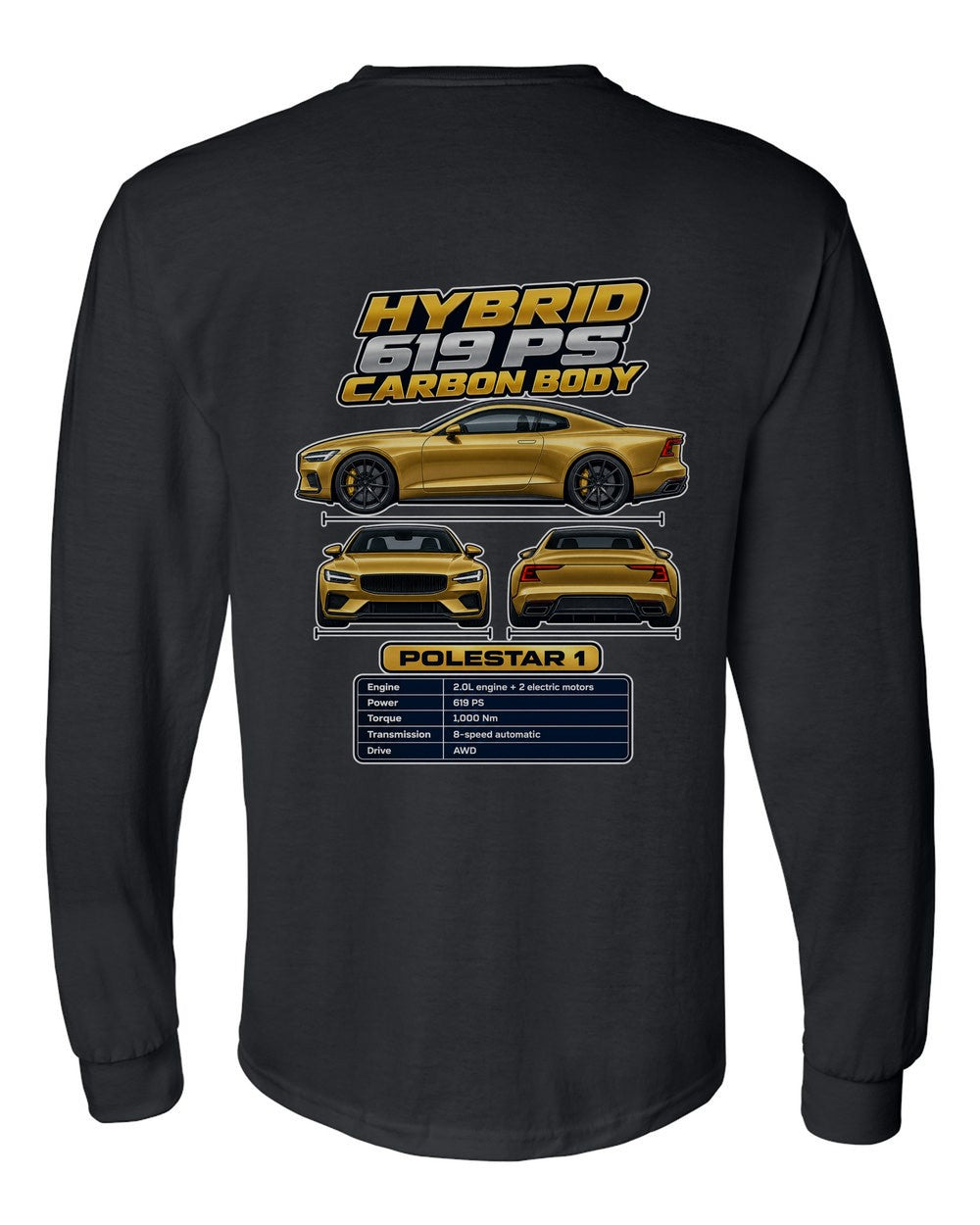 Polestar 1 spec sheet black long sleeve back view with the design