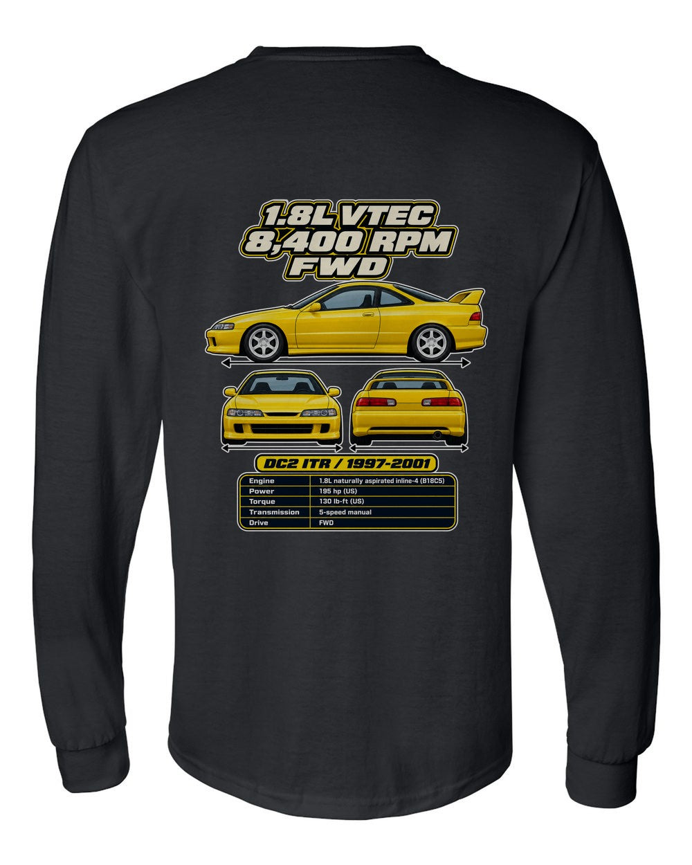 Acura Integra Type R Dc2 spec sheet black long sleeve back view with the design