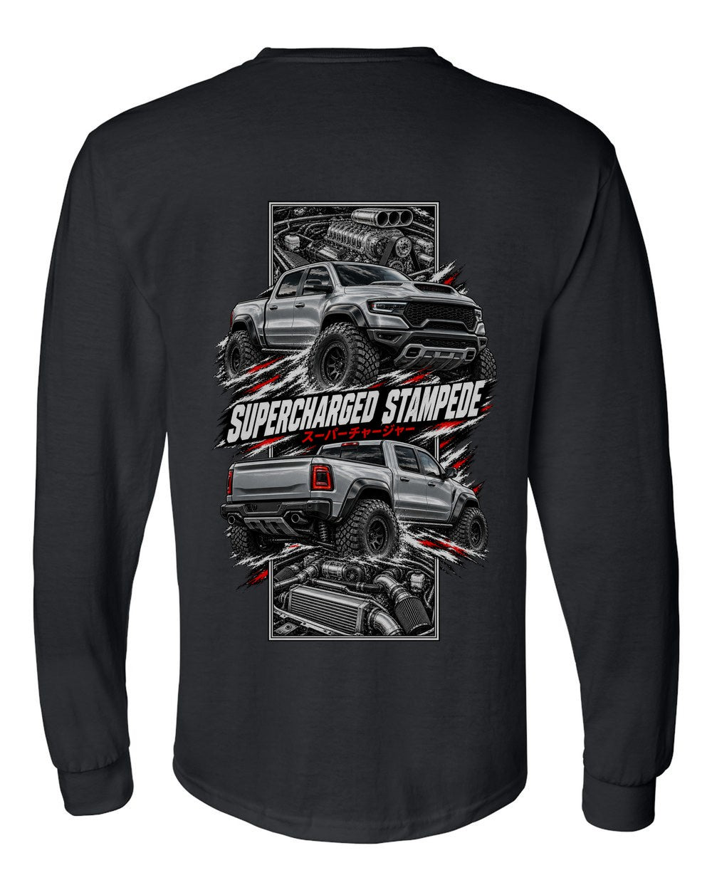 RAM 1500 Trx torn poster black long sleeve back view with the design