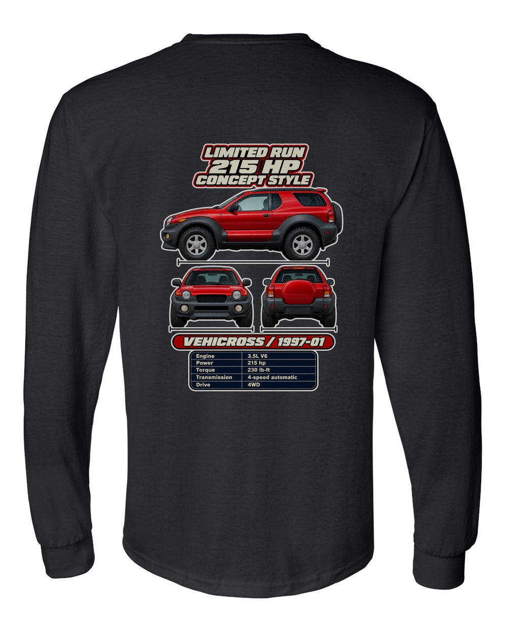 Isuzu Vehicross spec sheet black long sleeve back view with the design