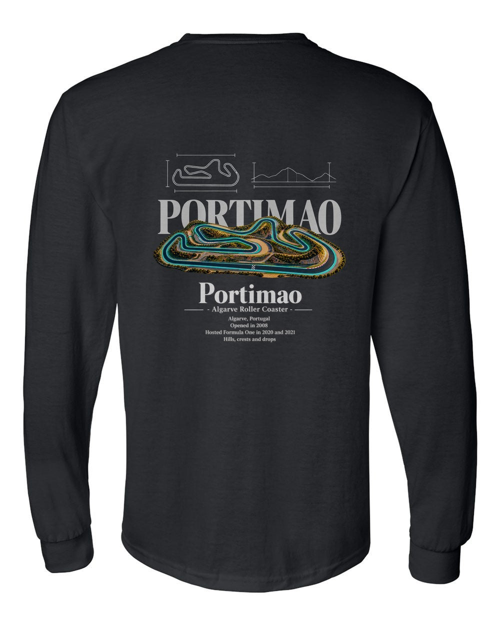 Portimao black long sleeve back view with the design