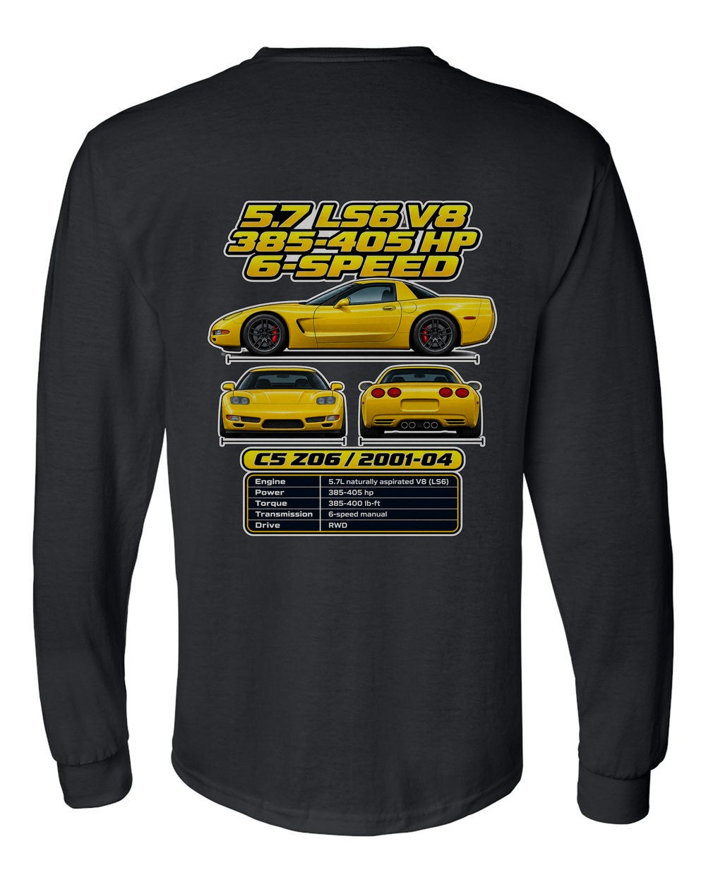 Chevrolet Corvette C5 Z06 spec sheet black long sleeve back view with the design