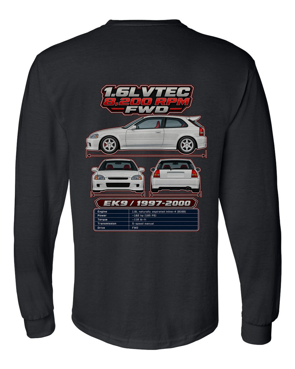 Honda Civic Type R Ek9 spec sheet black long sleeve back view with the design