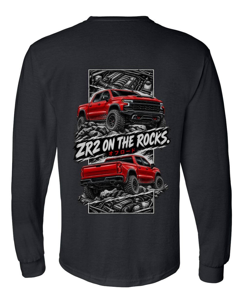 Chevy Silverado Zr2 torn poster black long sleeve back view with the design