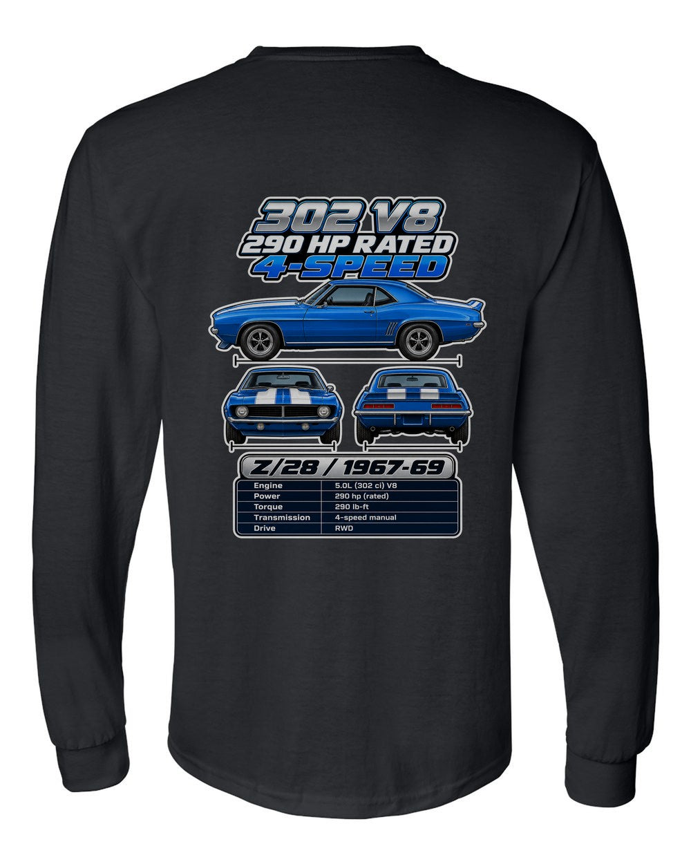 Chevrolet Camaro Z28 1967 spec sheet black long sleeve back view with the design