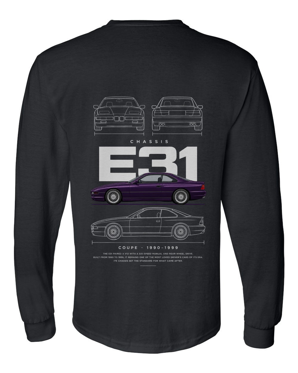 E31 full-back artwork black long sleeve back view with the design
