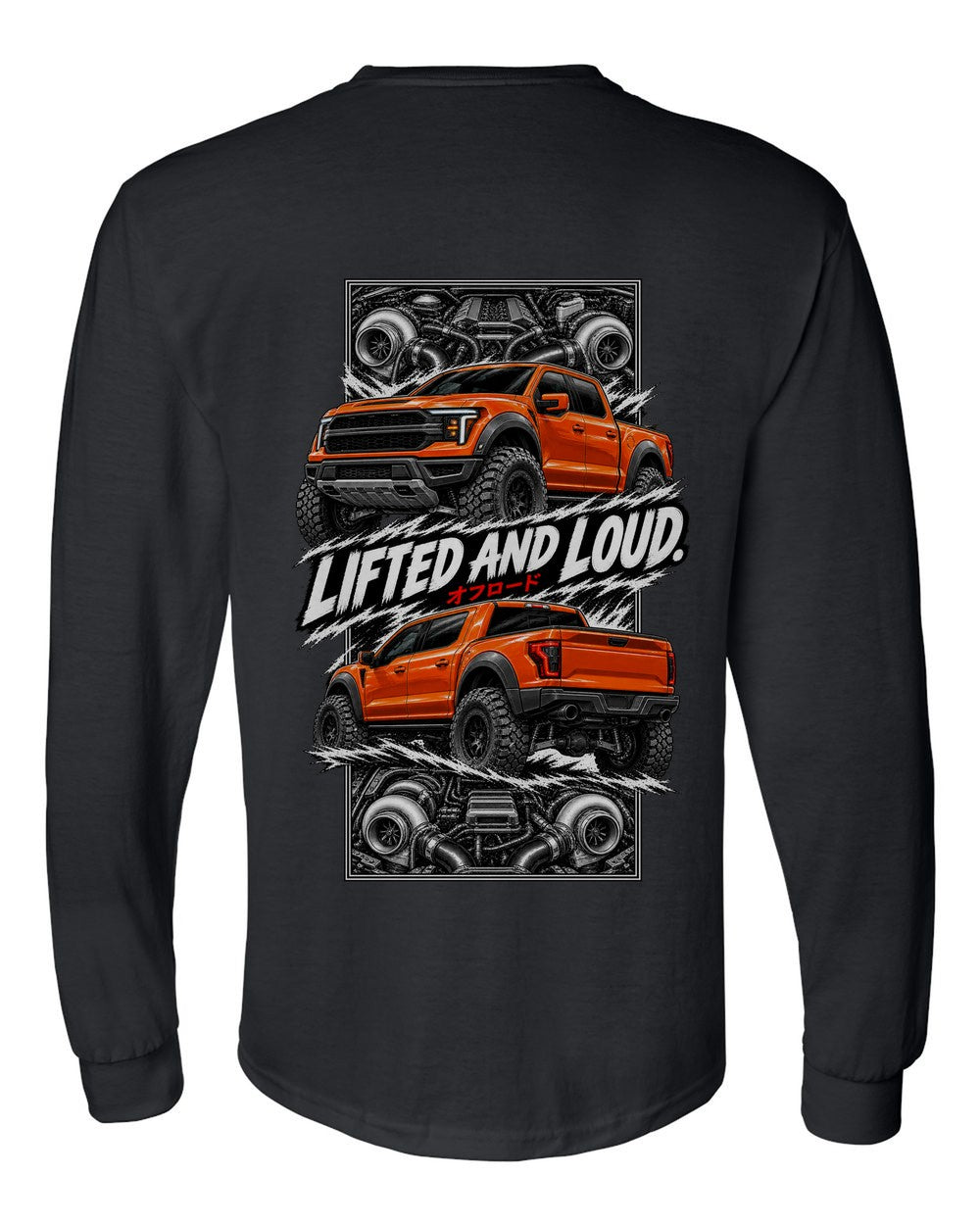 Ford F-150 Raptor torn poster black long sleeve back view with the design