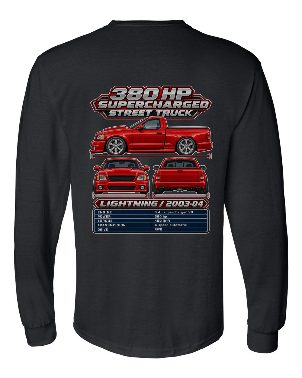 Ford SVT Lightning spec sheet black long sleeve back view with the design