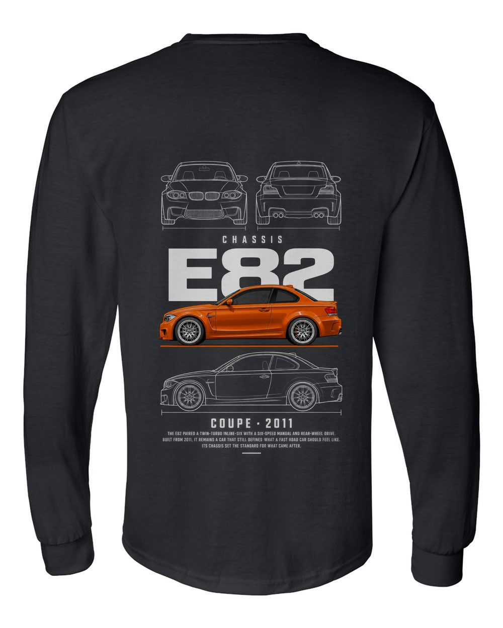 E82 full-back artwork black long sleeve back view with the design