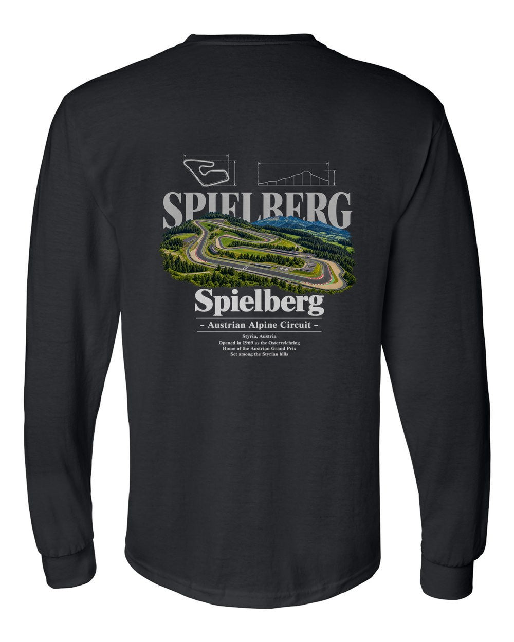 Spielberg black long sleeve back view with the design
