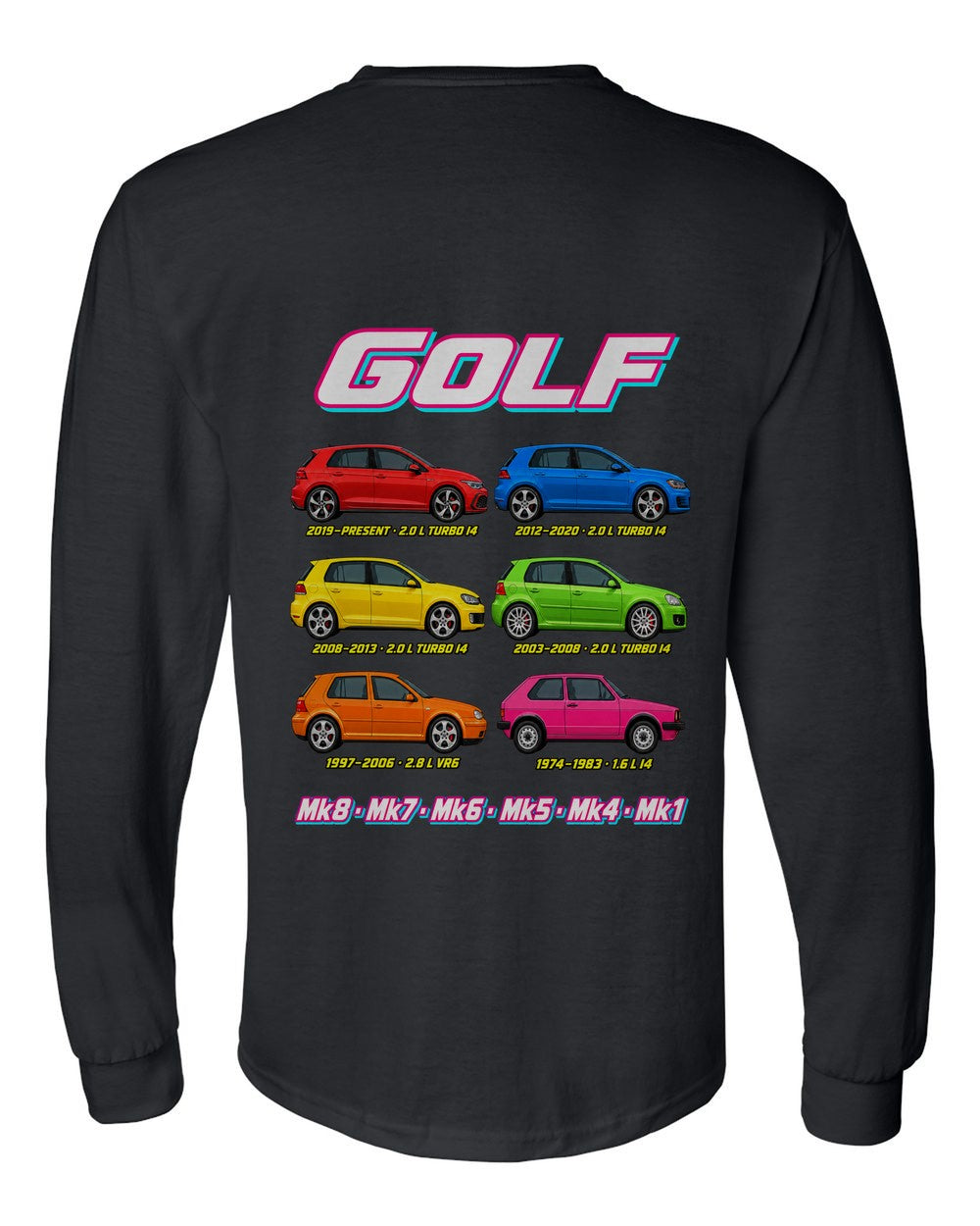 VW Golf evolution poster black long sleeve back view with the design