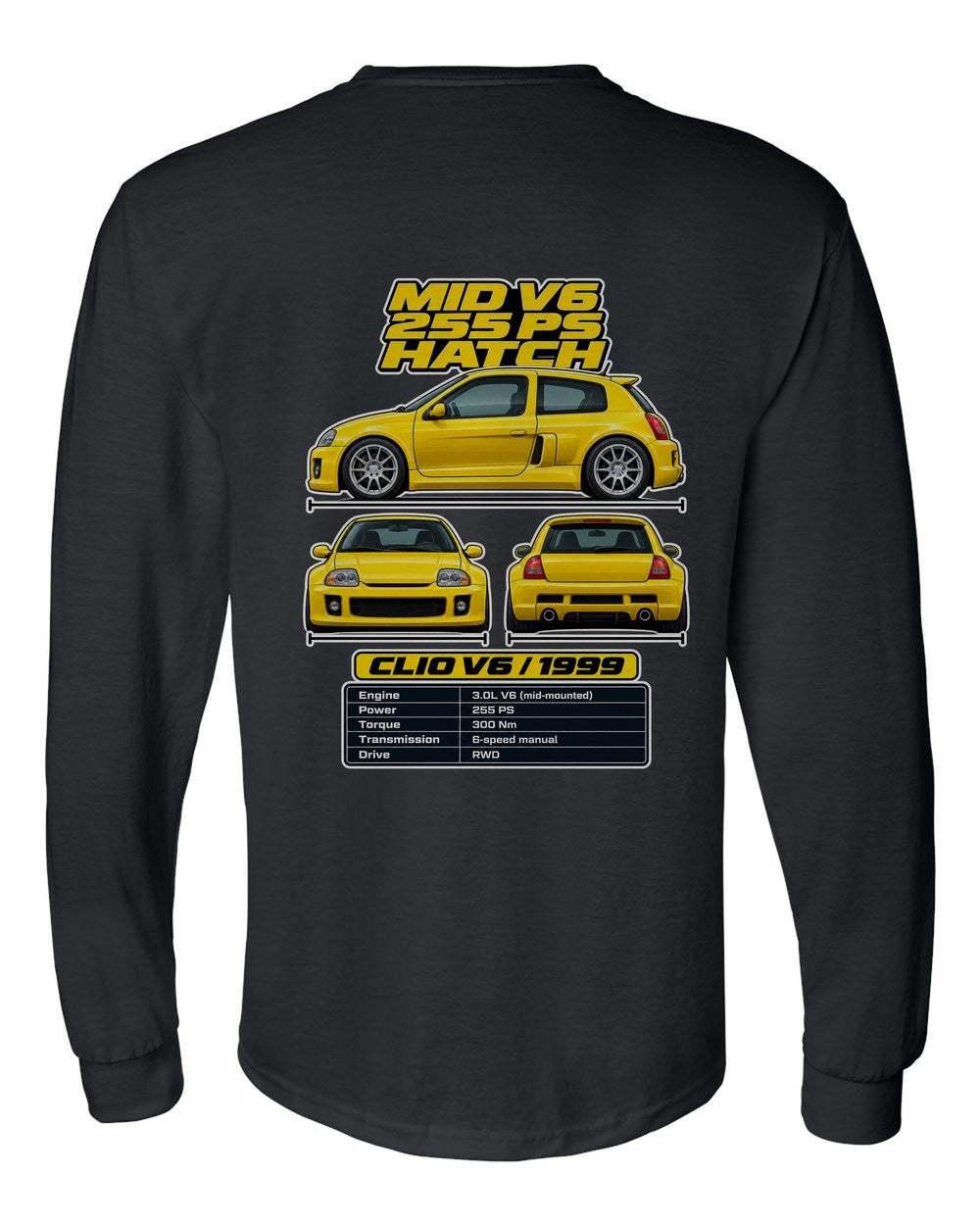 Renault Clio V6 spec sheet black long sleeve back view with the design