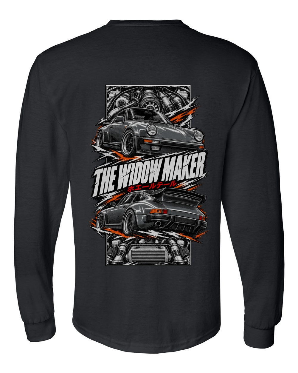 Porsche 930 Turbo torn poster black long sleeve back view with the design