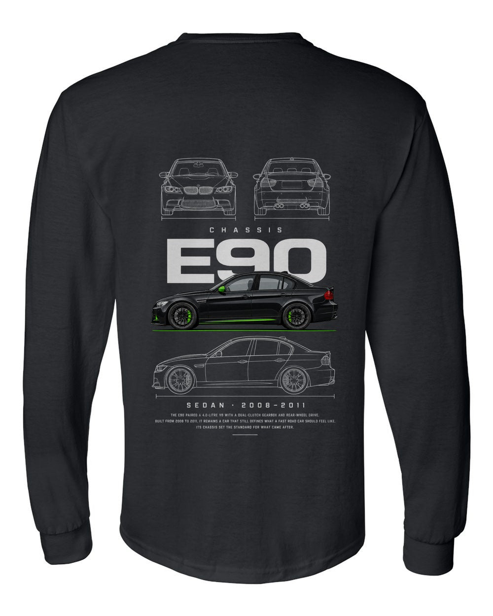 E90 full-back artwork black long sleeve back view with the design