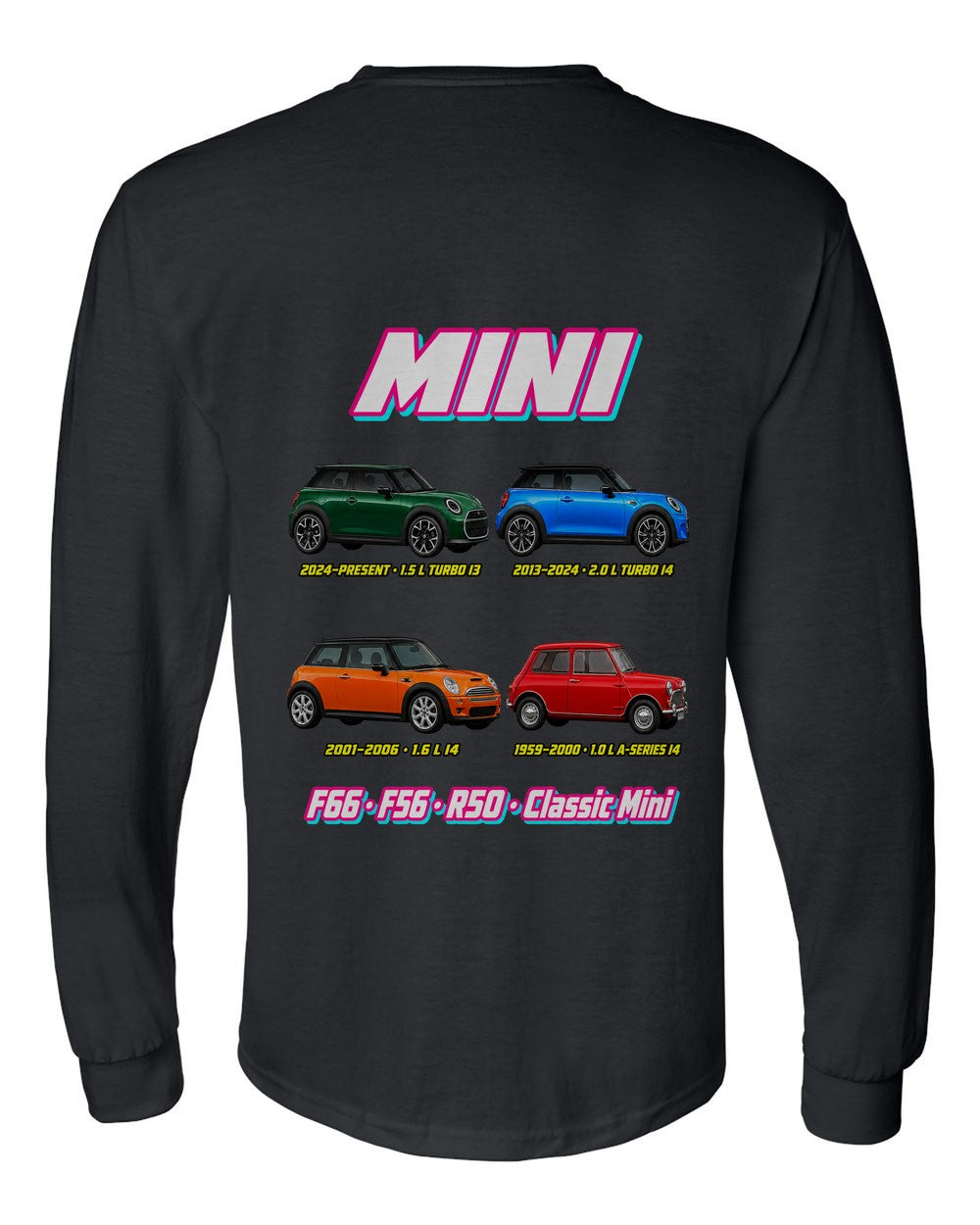 Mini Cooper evolution poster black long sleeve back view with the design