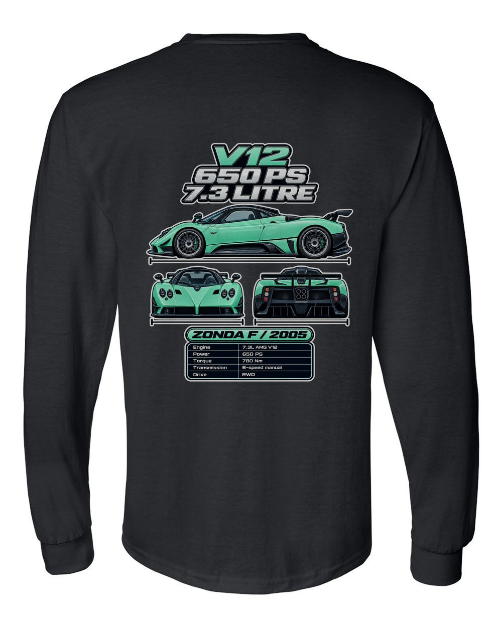 Pagani Zonda F spec sheet black long sleeve back view with the design