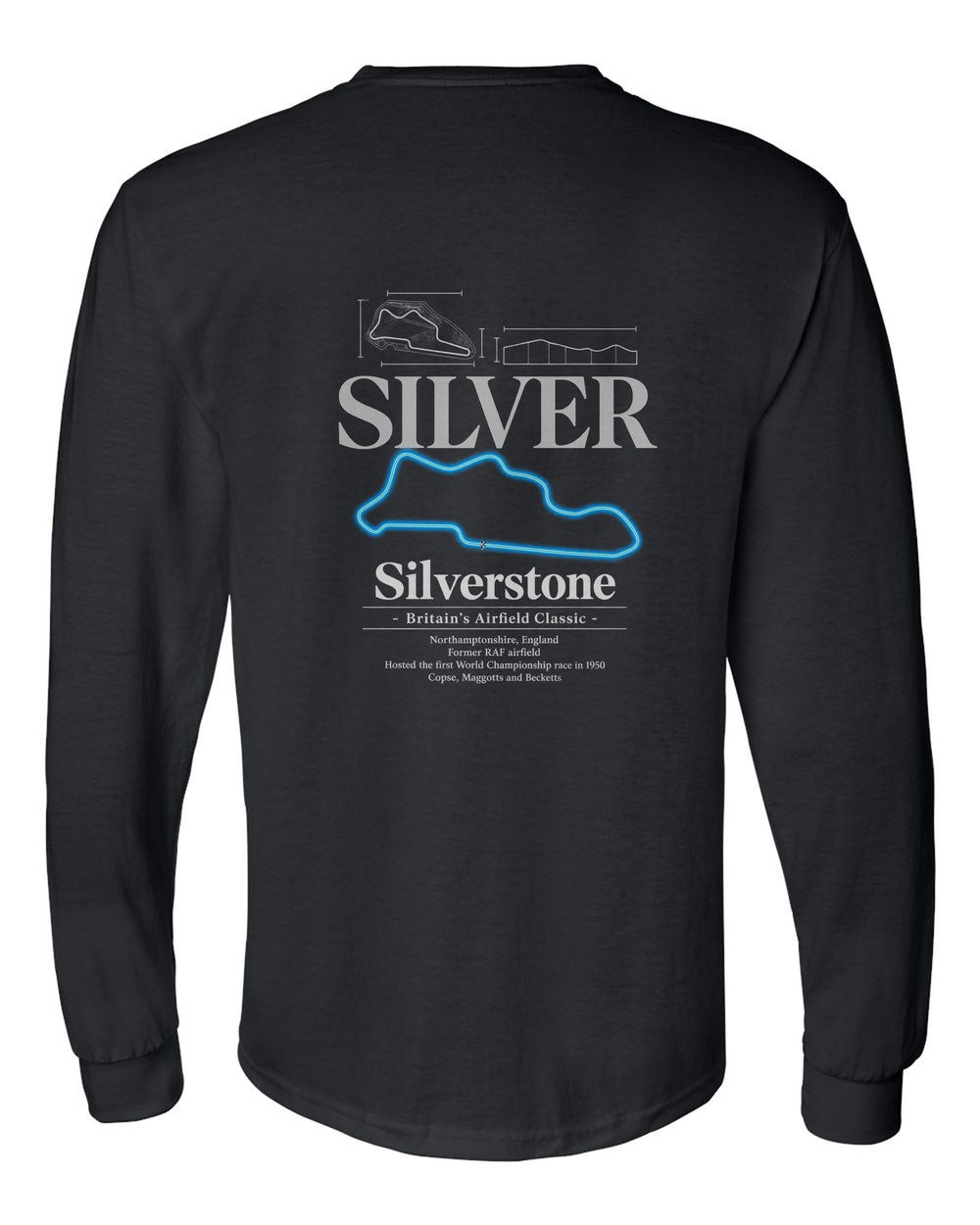 Silverstone black long sleeve back view with the design