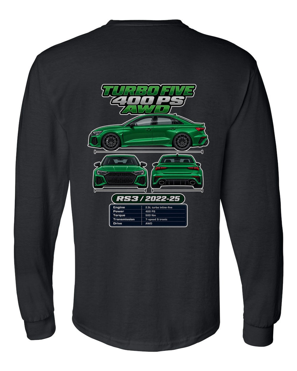 Audi Rs3 Sedan 8Y spec sheet black long sleeve back view with the design