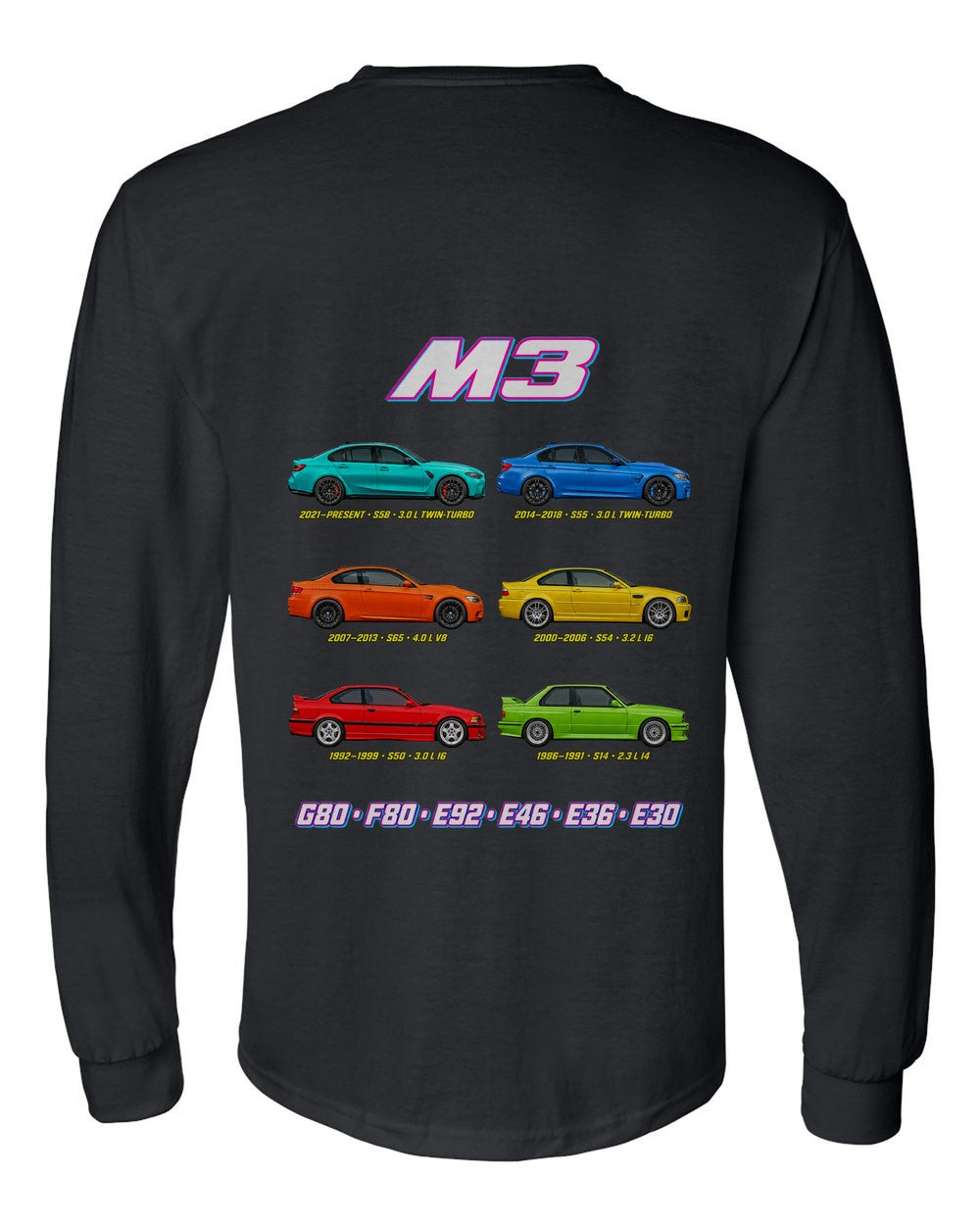 M3 evolution poster black long sleeve back view with the design