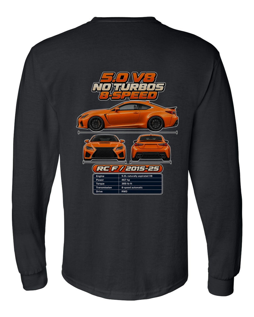 Lexus Rc F spec sheet black long sleeve back view with the design