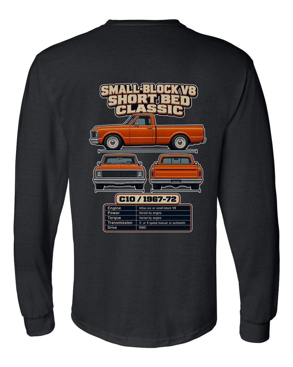 Chevrolet C10 spec sheet black long sleeve back view with the design