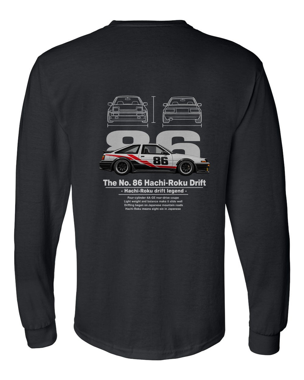 No. 86 Hachi-Roku Drift black long sleeve back view with the design