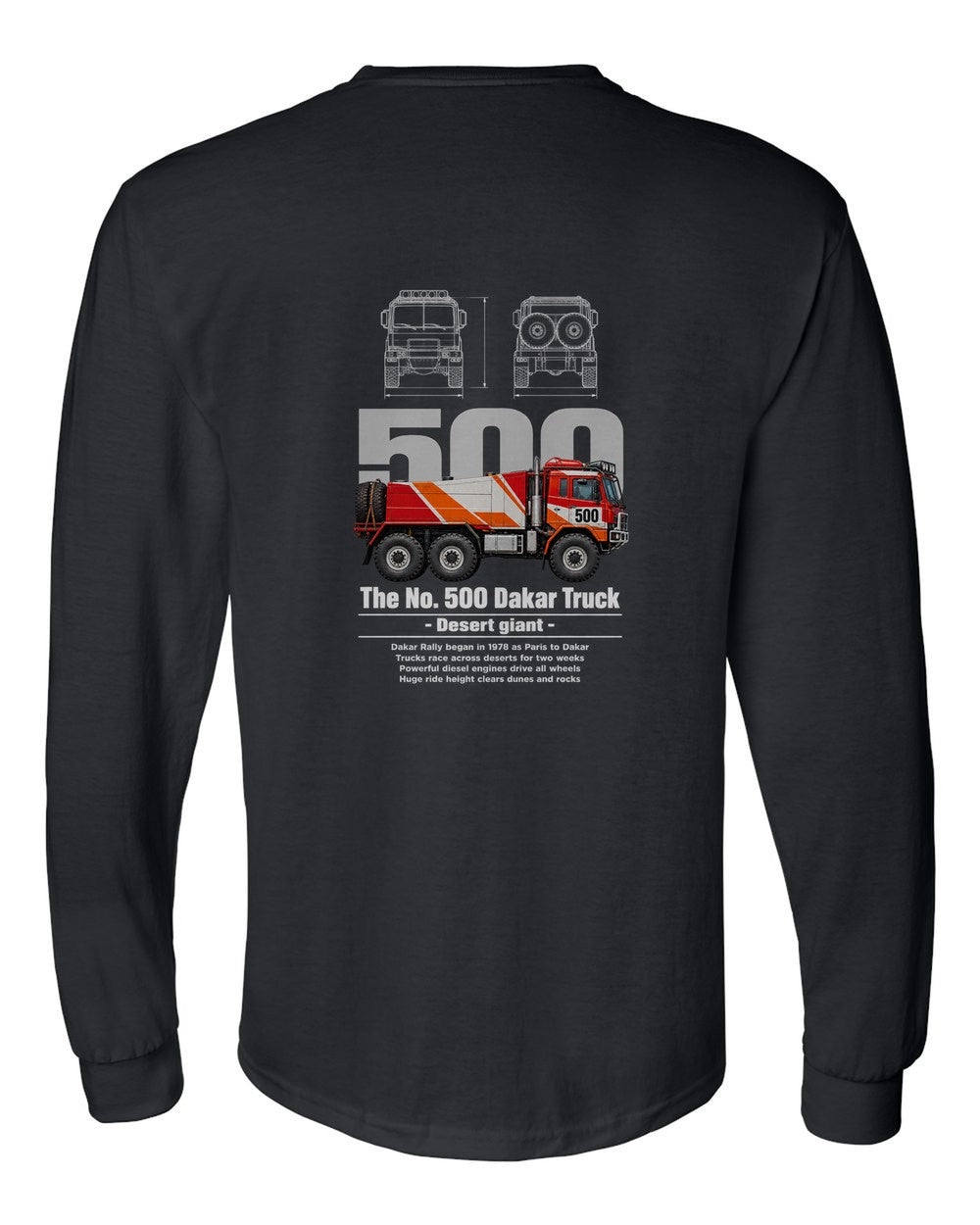 No. 500 Dakar Truck black long sleeve back view with the design