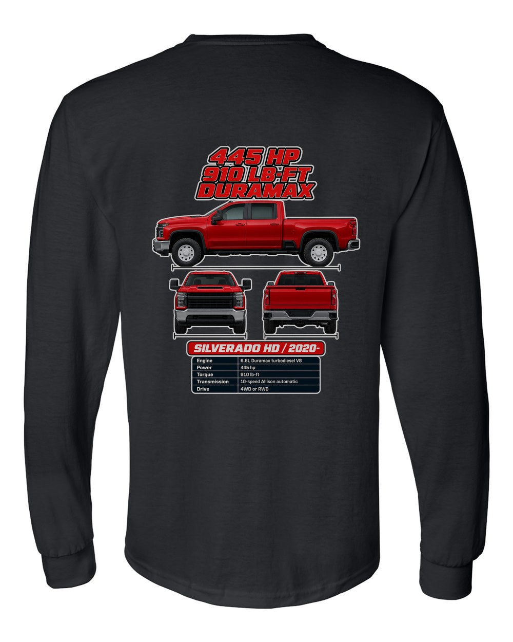 Chevrolet Silverado Hd spec sheet black long sleeve back view with the design