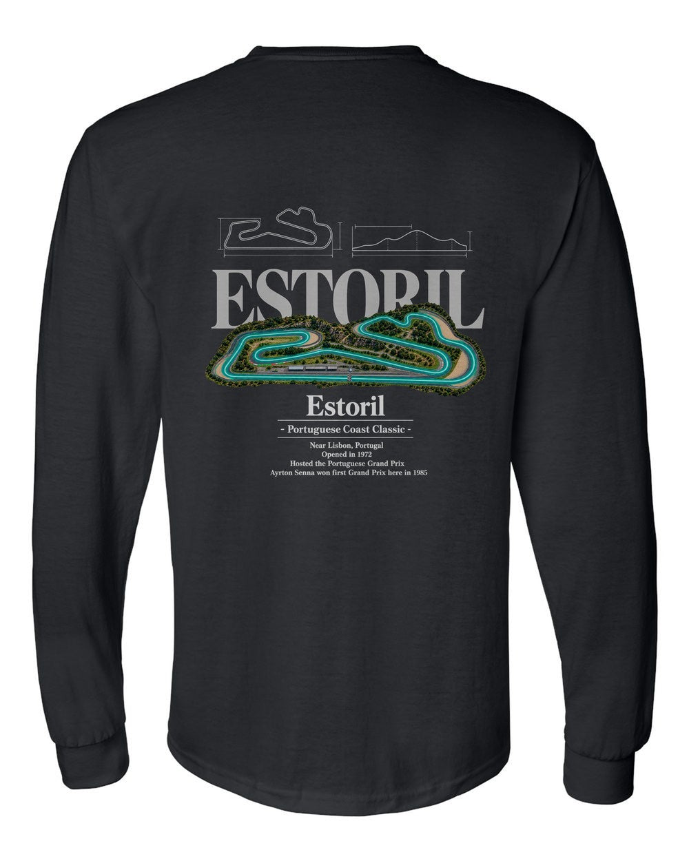 Estoril black long sleeve back view with the design