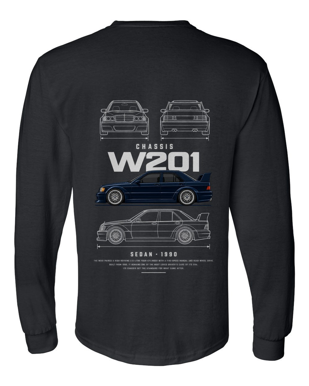 W201 full-back artwork black long sleeve back view with the design