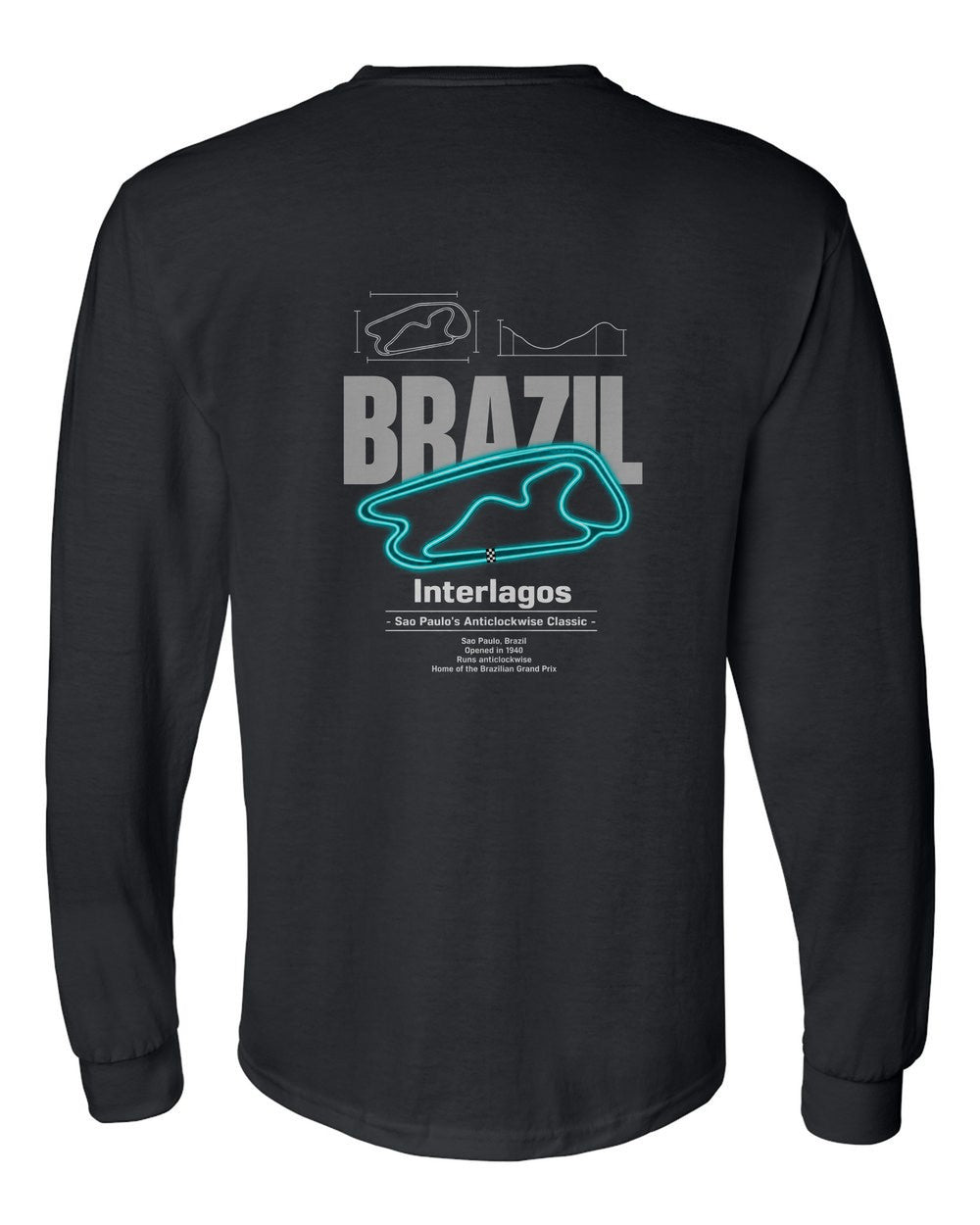 Interlagos black long sleeve back view with the design