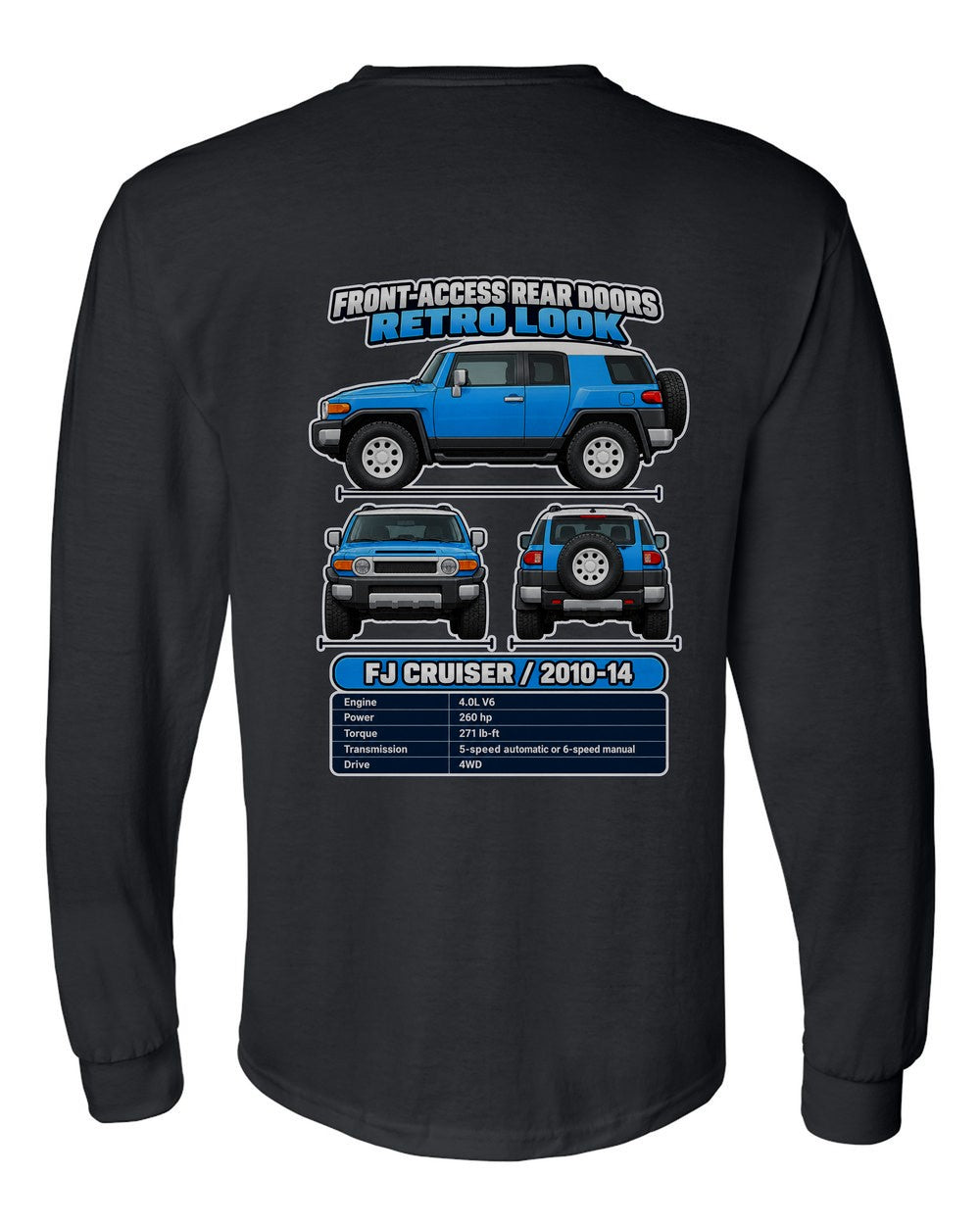 Toyota Fj Cruiser spec sheet black long sleeve back view with the design