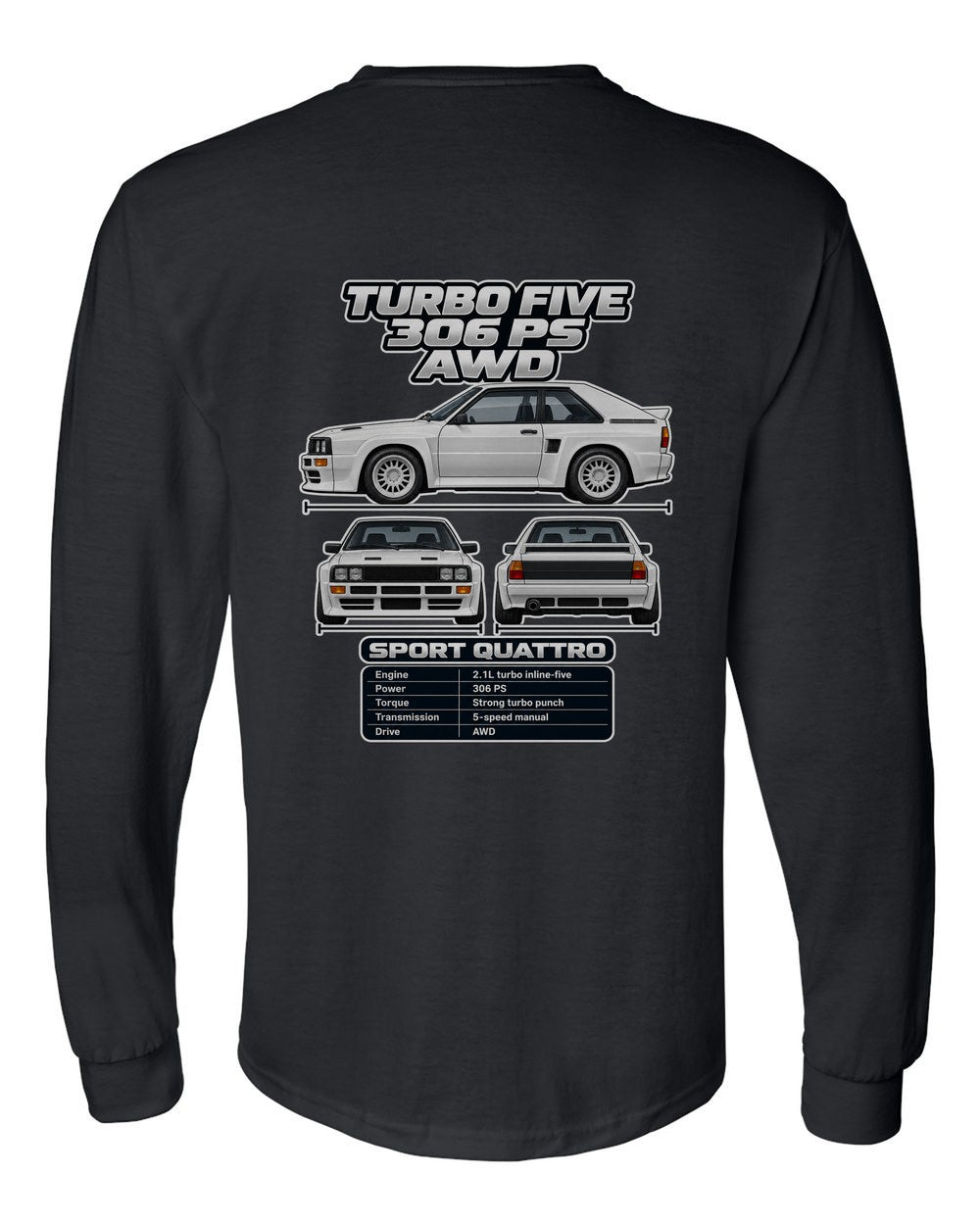 Audi Sport Quattro spec sheet black long sleeve back view with the design