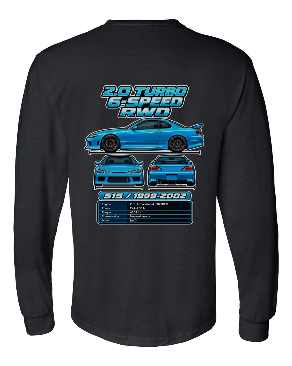 Nissan Silvia S15 spec sheet black long sleeve back view with the design