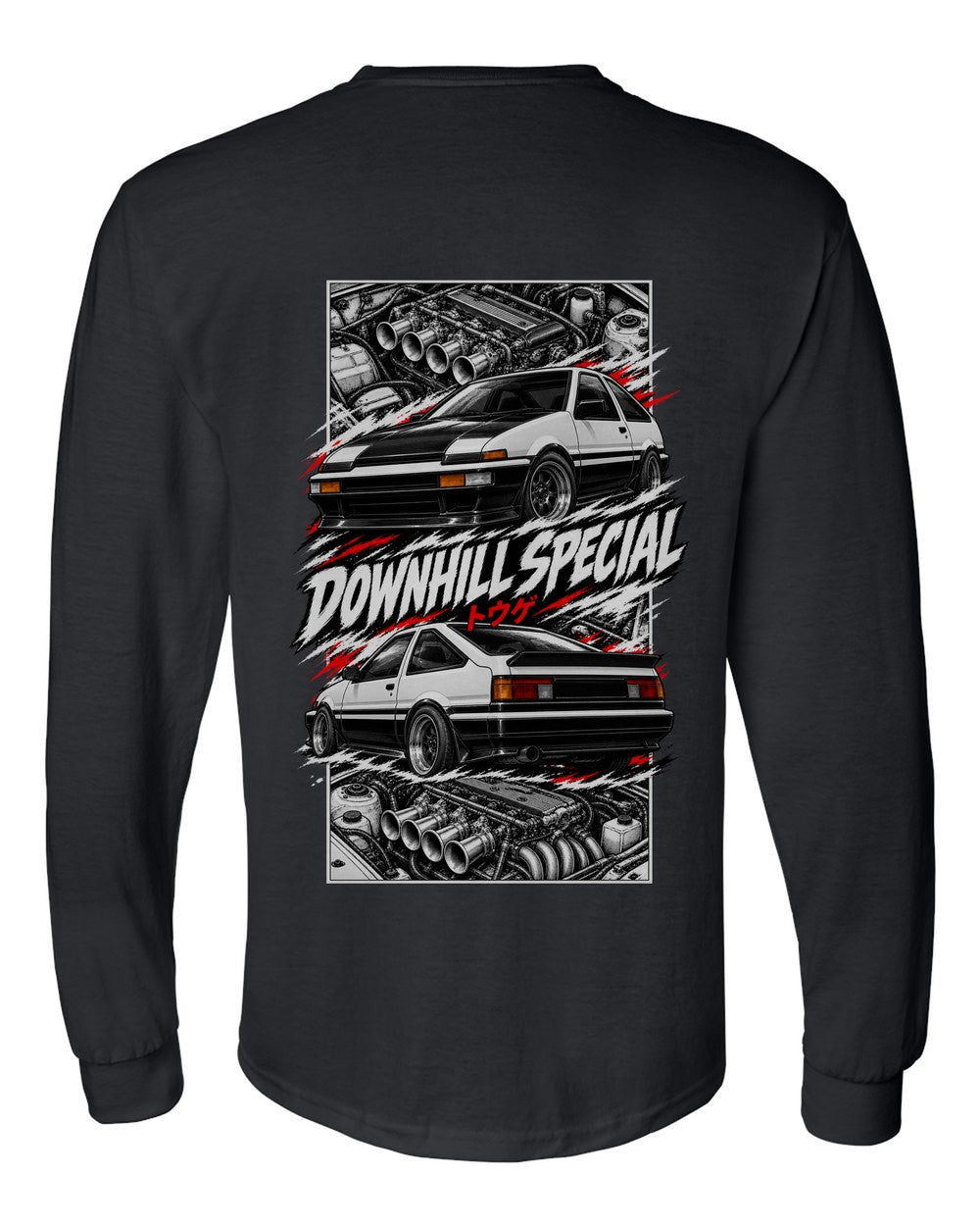 Toyota Ae86 torn poster black long sleeve back view with the design