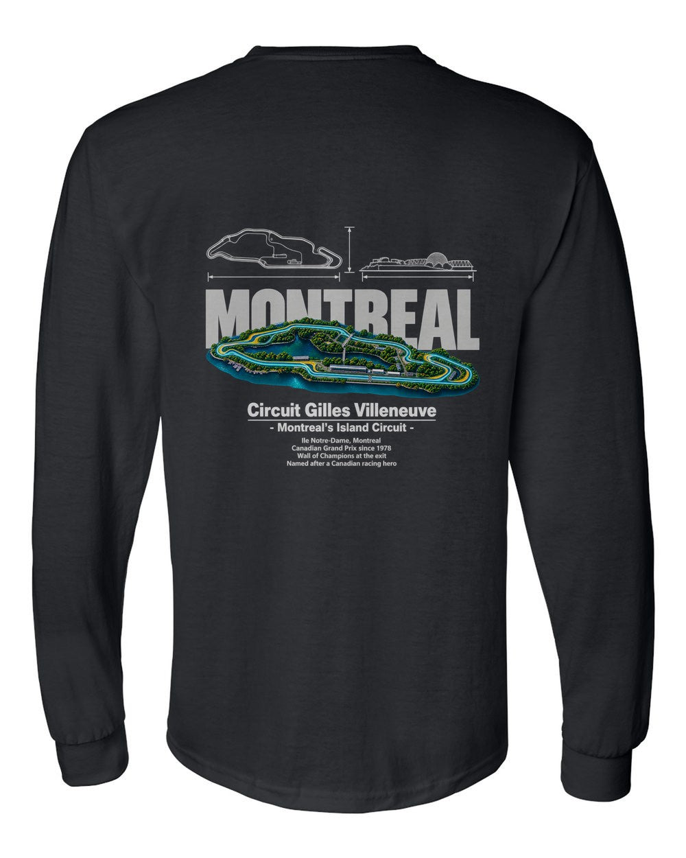 Circuit Gilles Villeneuve black long sleeve back view with the design