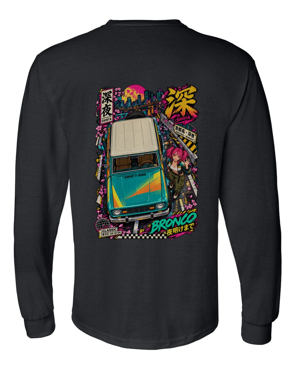 SHINYA BRONCO full-back artwork black long sleeve back view with the design