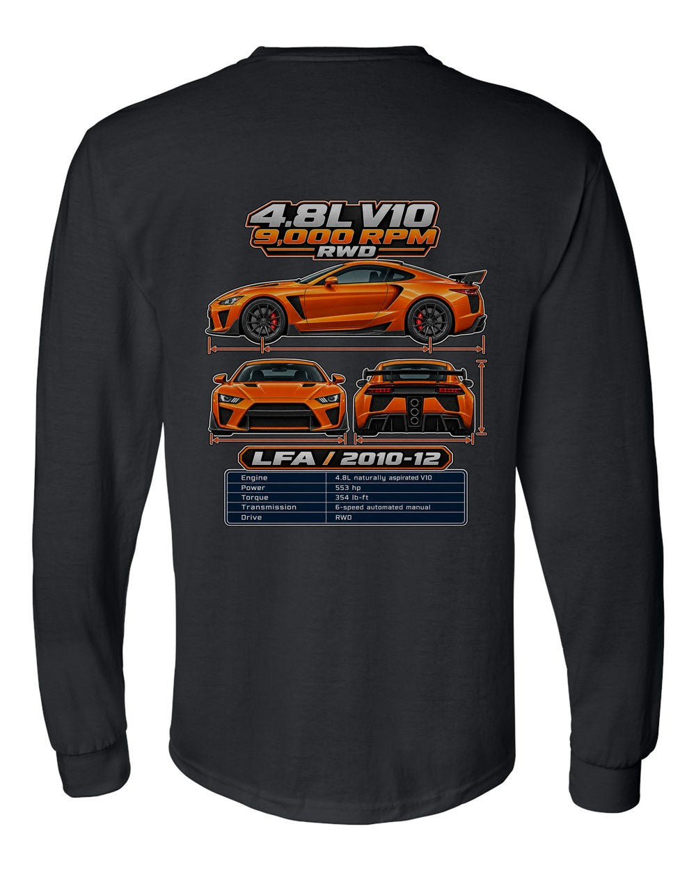 Lexus Lfa spec sheet black long sleeve back view with the design